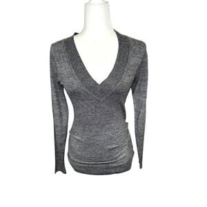 Poof Gray Wide Ribbed Deep V-Neck Long Sleeve Classic Neutral Sweater